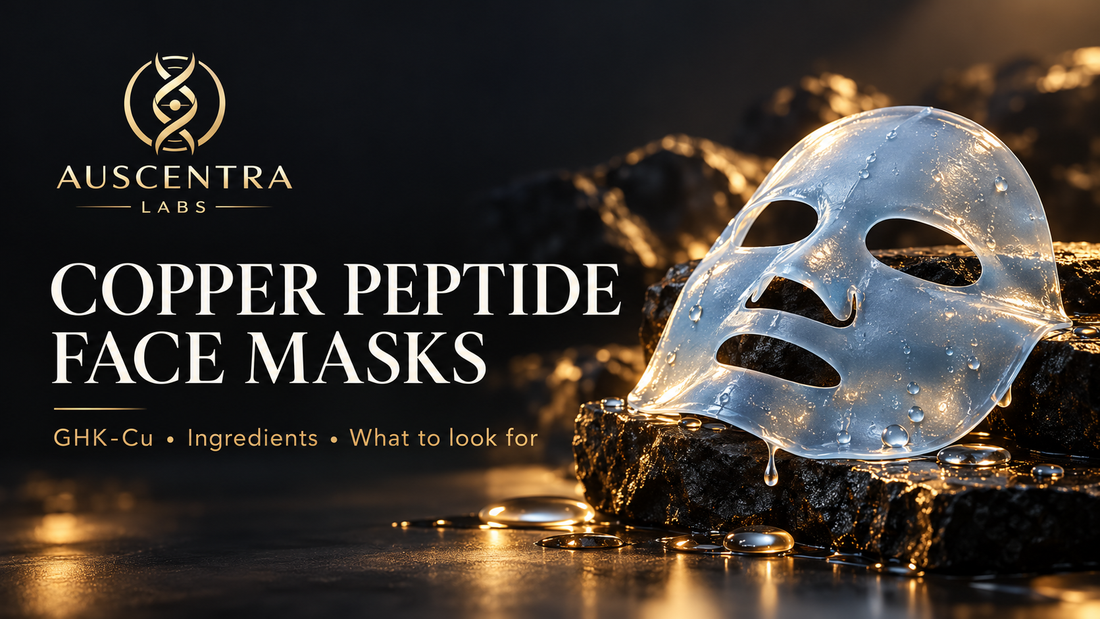 Auscentra Labs copper peptide face mask guide with gold logo and a blue sheet mask on a black background