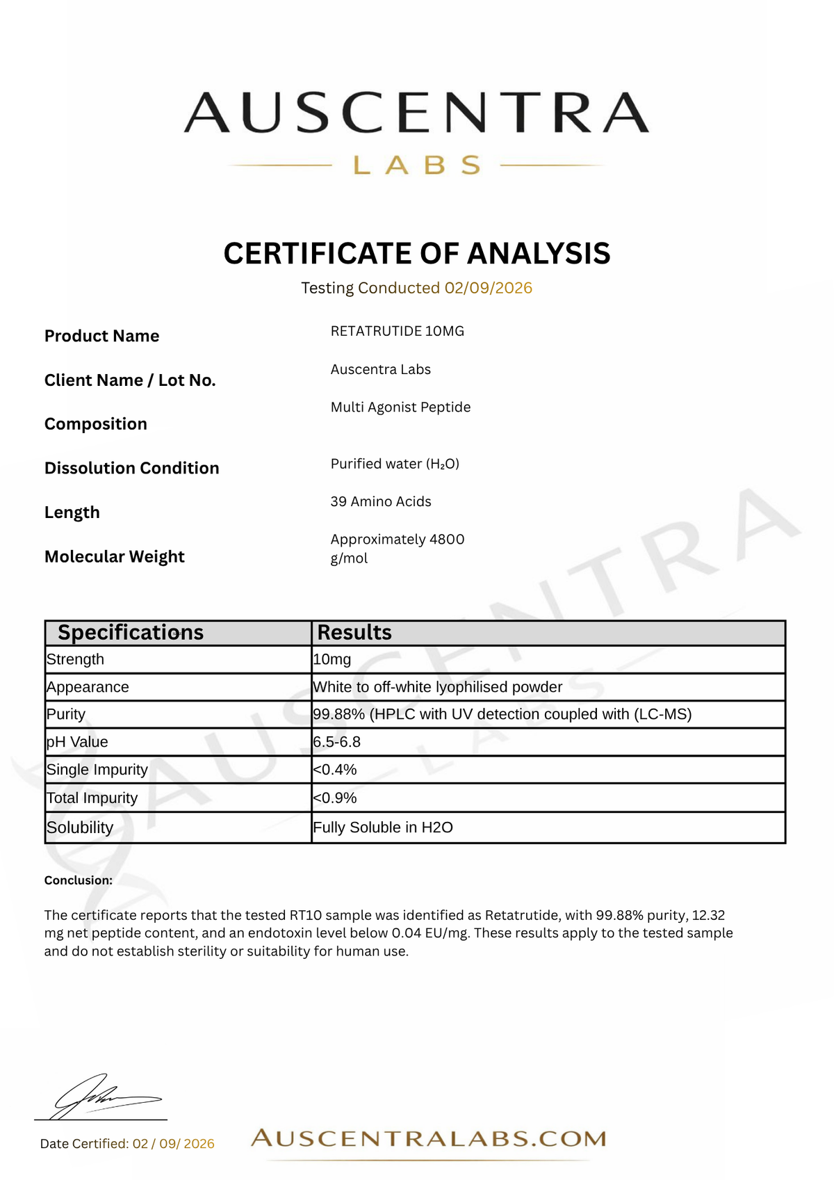 Auscentra Labs Retatrutide 10mg certificate of analysis dated 2 September 2026