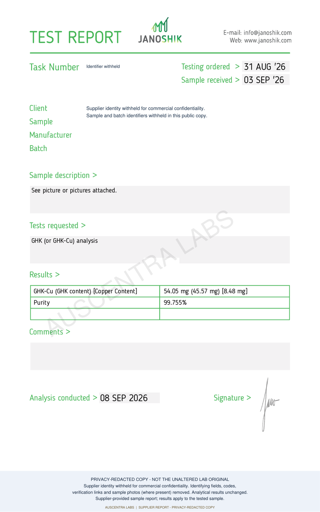 GHK-Cu 50mg — supplier laboratory report; privacy-redacted copy with Auscentra Labs watermark