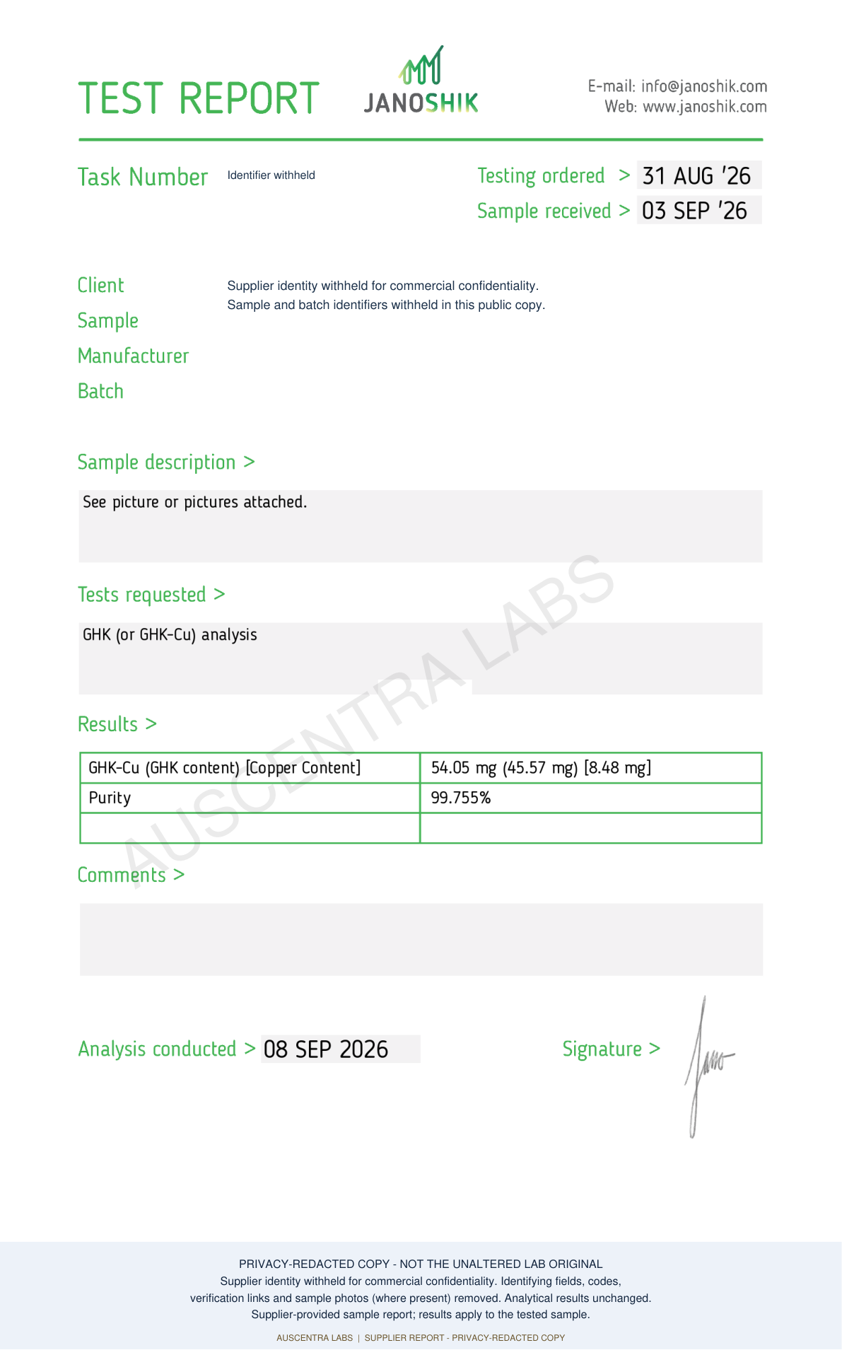 GHK-Cu 50mg — supplier laboratory report; privacy-redacted copy with Auscentra Labs watermark
