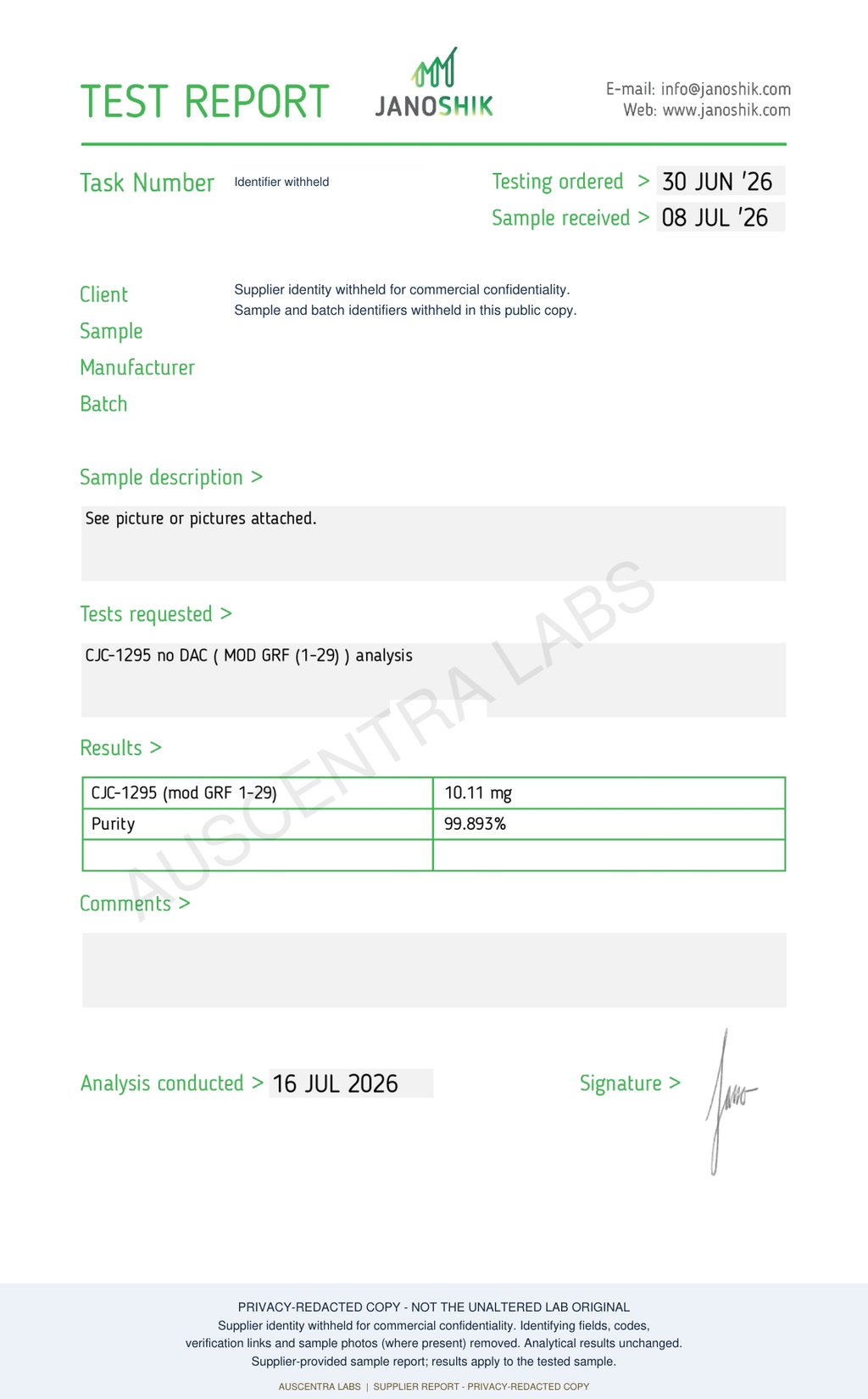 CJC-1295 (NO DAC) 10MG — supplier laboratory report; privacy-redacted copy with Auscentra Labs watermark