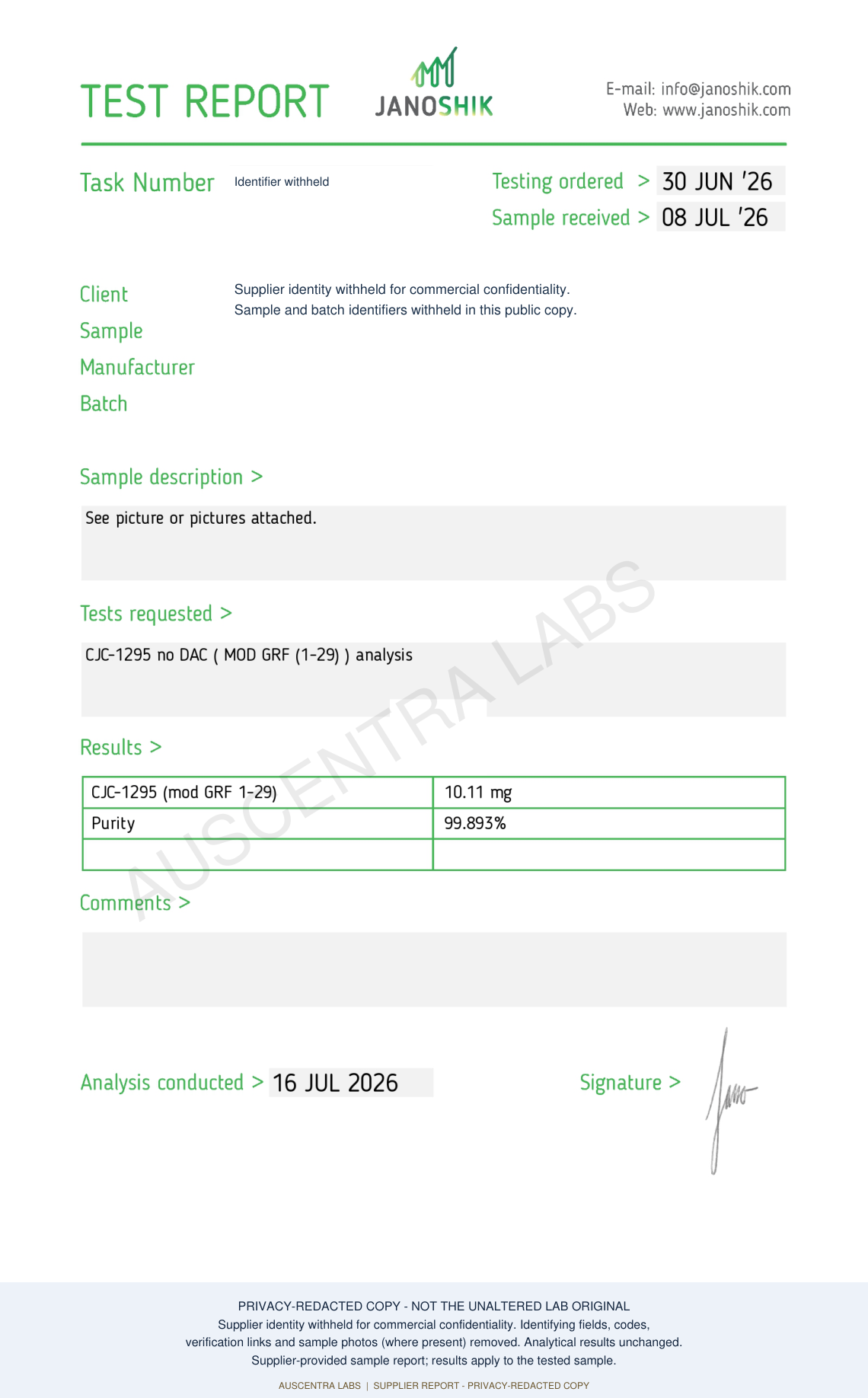 CJC-1295 (NO DAC) 10MG — supplier laboratory report; privacy-redacted copy with Auscentra Labs watermark