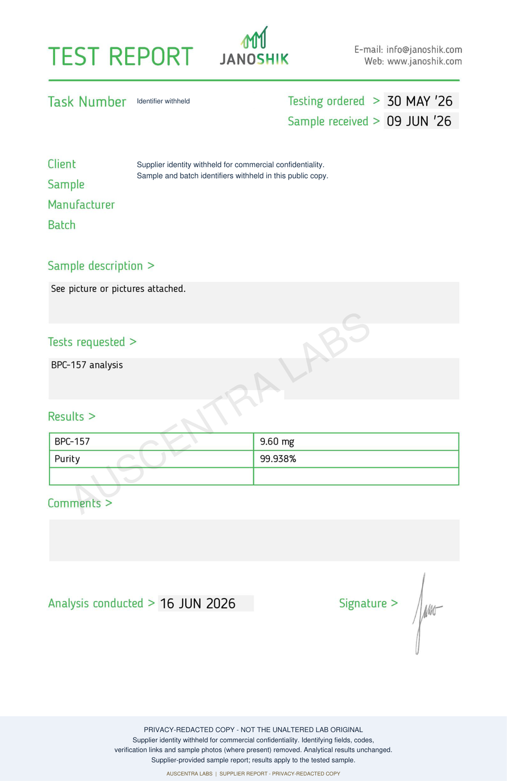 BPC-157 10MG — supplier laboratory report; privacy-redacted copy with Auscentra Labs watermark