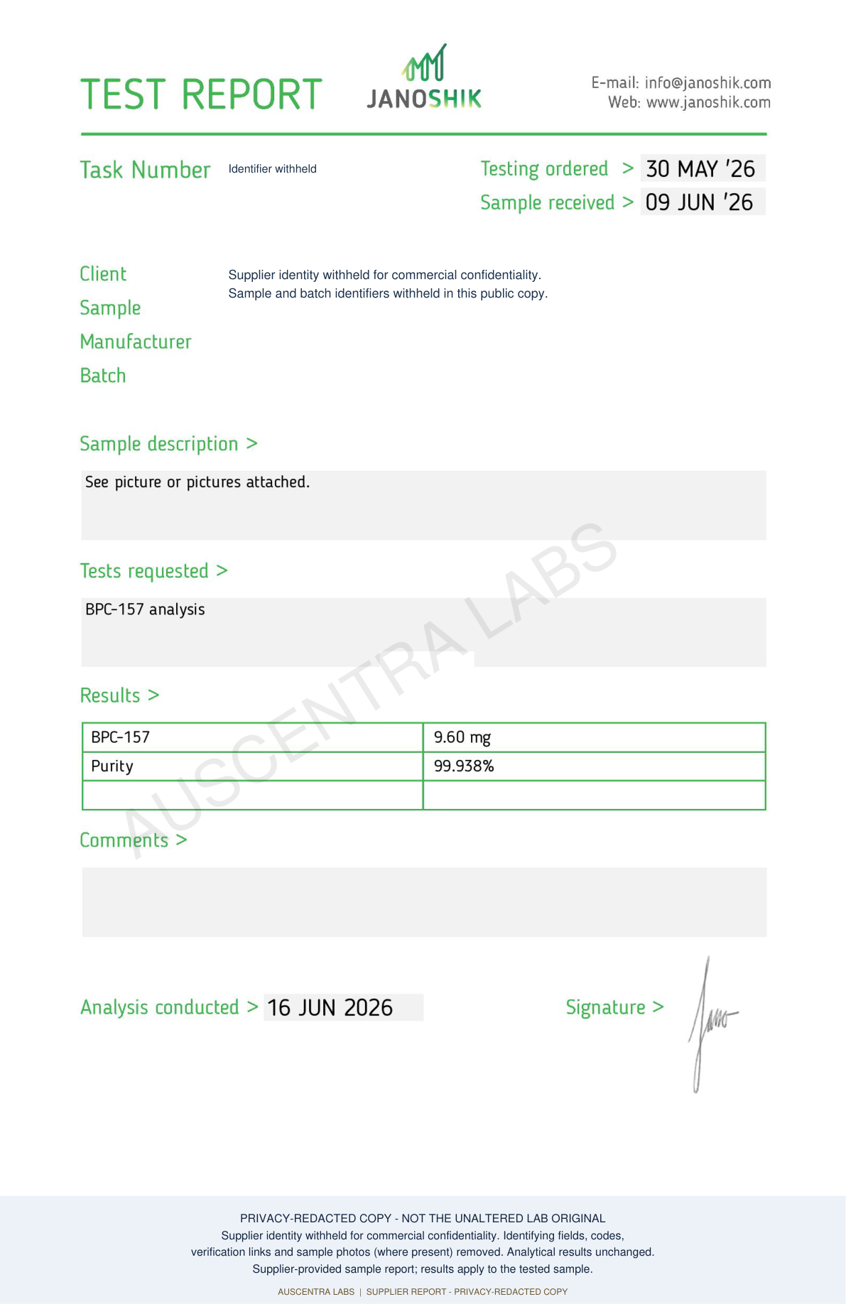 BPC-157 10MG — supplier laboratory report; privacy-redacted copy with Auscentra Labs watermark
