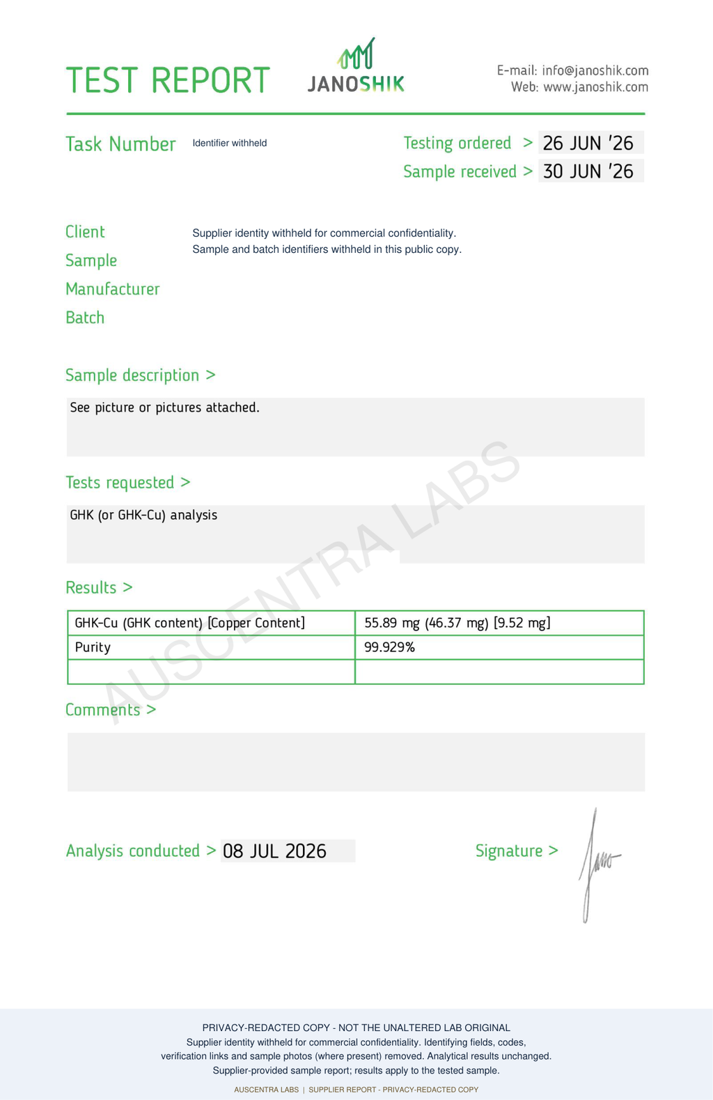 GHK-Cu 50mg — supplier laboratory report; privacy-redacted copy with Auscentra Labs watermark