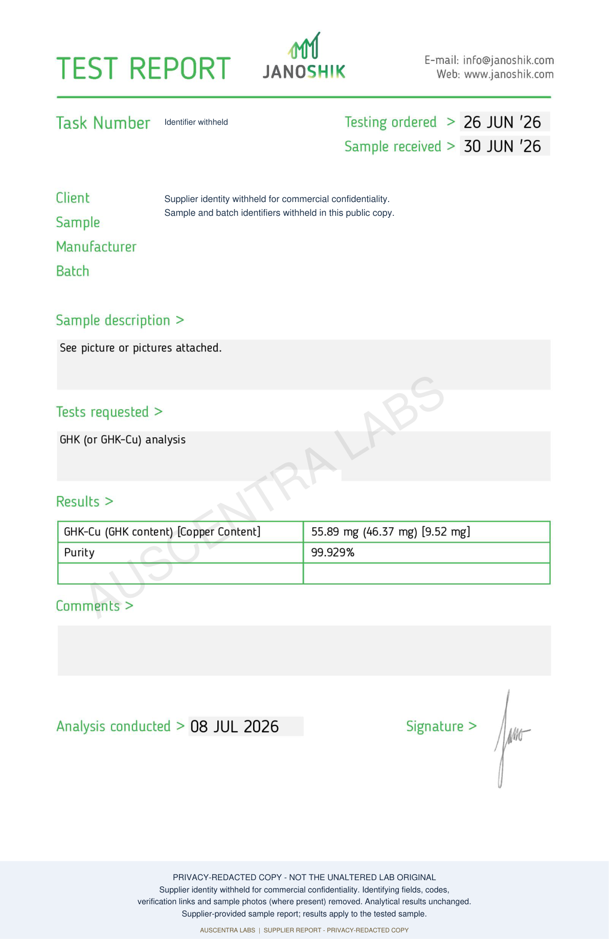 GHK-Cu 50mg — supplier laboratory report; privacy-redacted copy with Auscentra Labs watermark