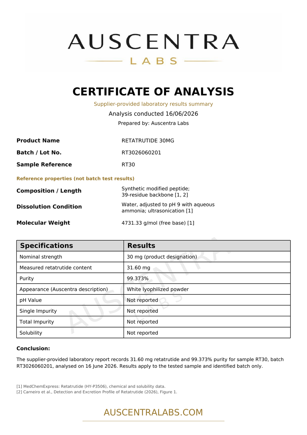 Retatrutide 30mg supplier-provided analysis summary prepared by Auscentra Labs, batch RT3026060201